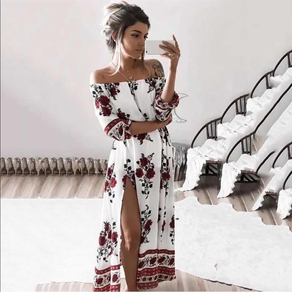 🥀 Off Shoulder Boho Style Maxi-Midi Dress🥀